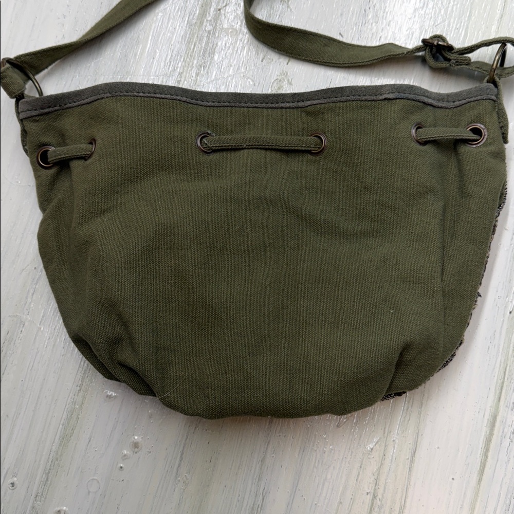 Indie Boho Gold Beaded Olive Leather/Canvas Crossbody Satchel Fringe Drawstring - Picture 10 of 14